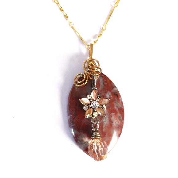 Brown tiger stripes jasper gold wire wrapped pendant on gold necklace new - Picture 7 of 7